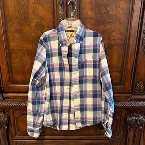 Hollister Men's Casual Plaid Shirt - Navy, Red, and White